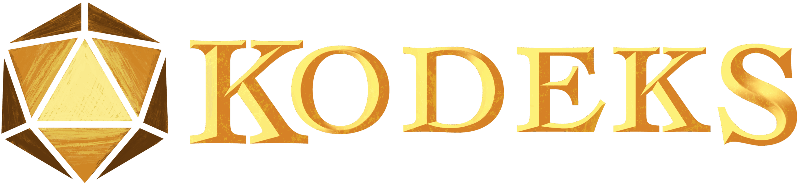 Logo for KODEKS med en stilisert tjuetalls terning til venstre for merkenavnet i gullbokstaver.